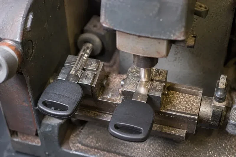 Two black-headed keys clamped in a bench machine, one beneath a vertical cutter, with metal shavings around the clamps. — Spare Car Key Duplication, Markham