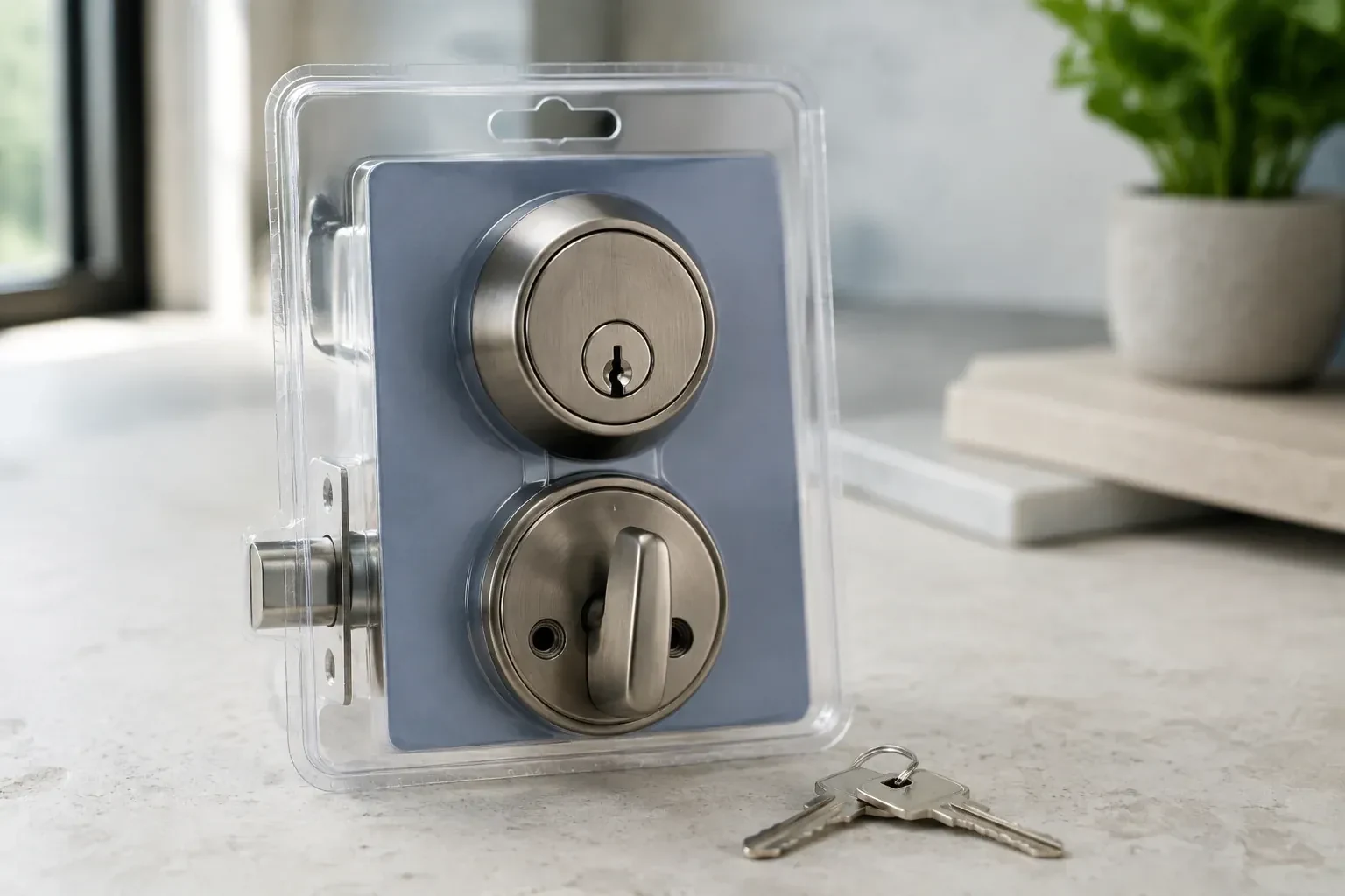 A silver-colored deadbolt set in clear packaging with two keys resting on the countertop in front. — Lock Rekeying, Markham