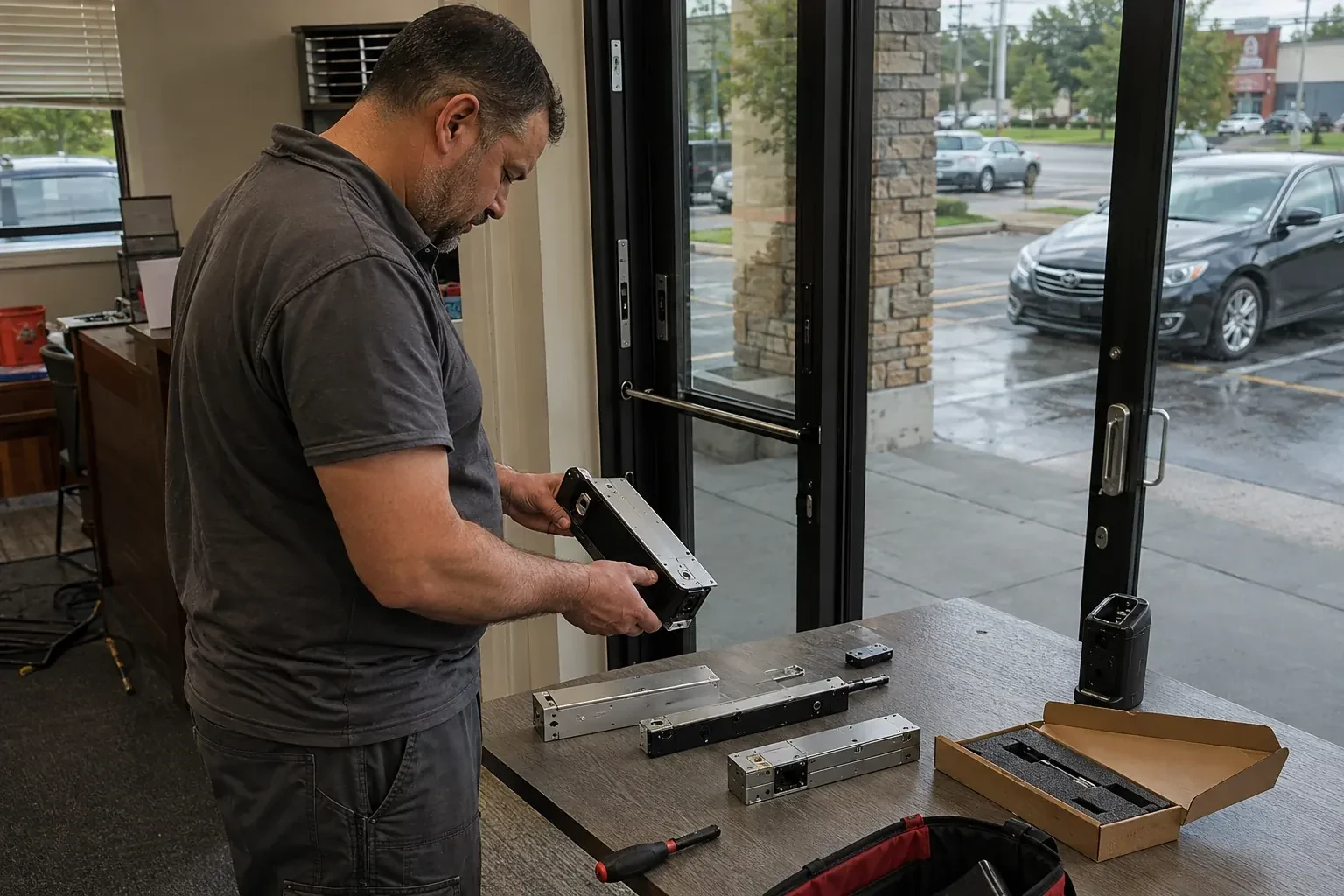 Person holding a rectangular door-hardware housing at a table with additional metal assemblies beside a glass entrance. — Access Control Installation, Markham