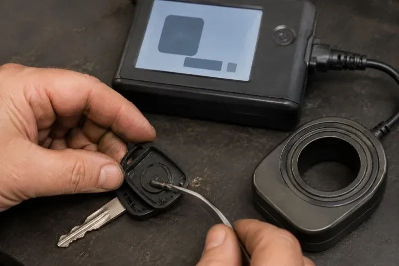 Hands using tweezers at an opened car-key head beside a small electronic unit and a ring-shaped accessory. — Transponder Key Programming, Markham