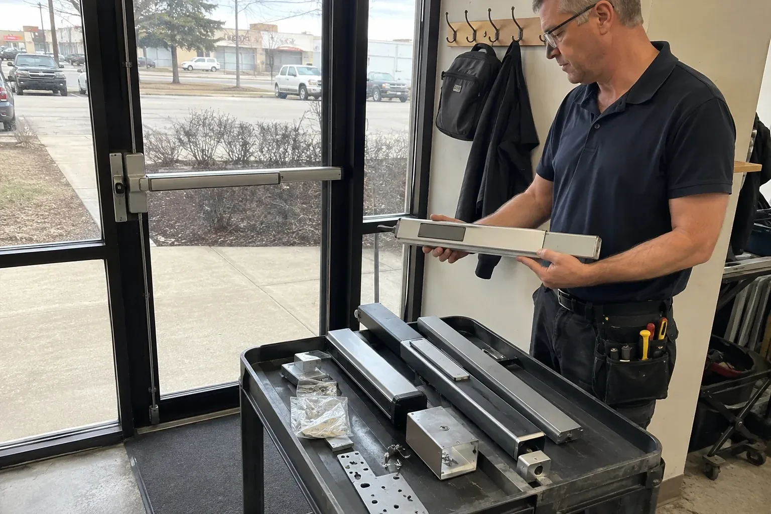 Person holding a long metal door-hardware assembly beside a cart of similar parts and a glass door fitted with a push bar. — Panic & Exit Hardware, Markham