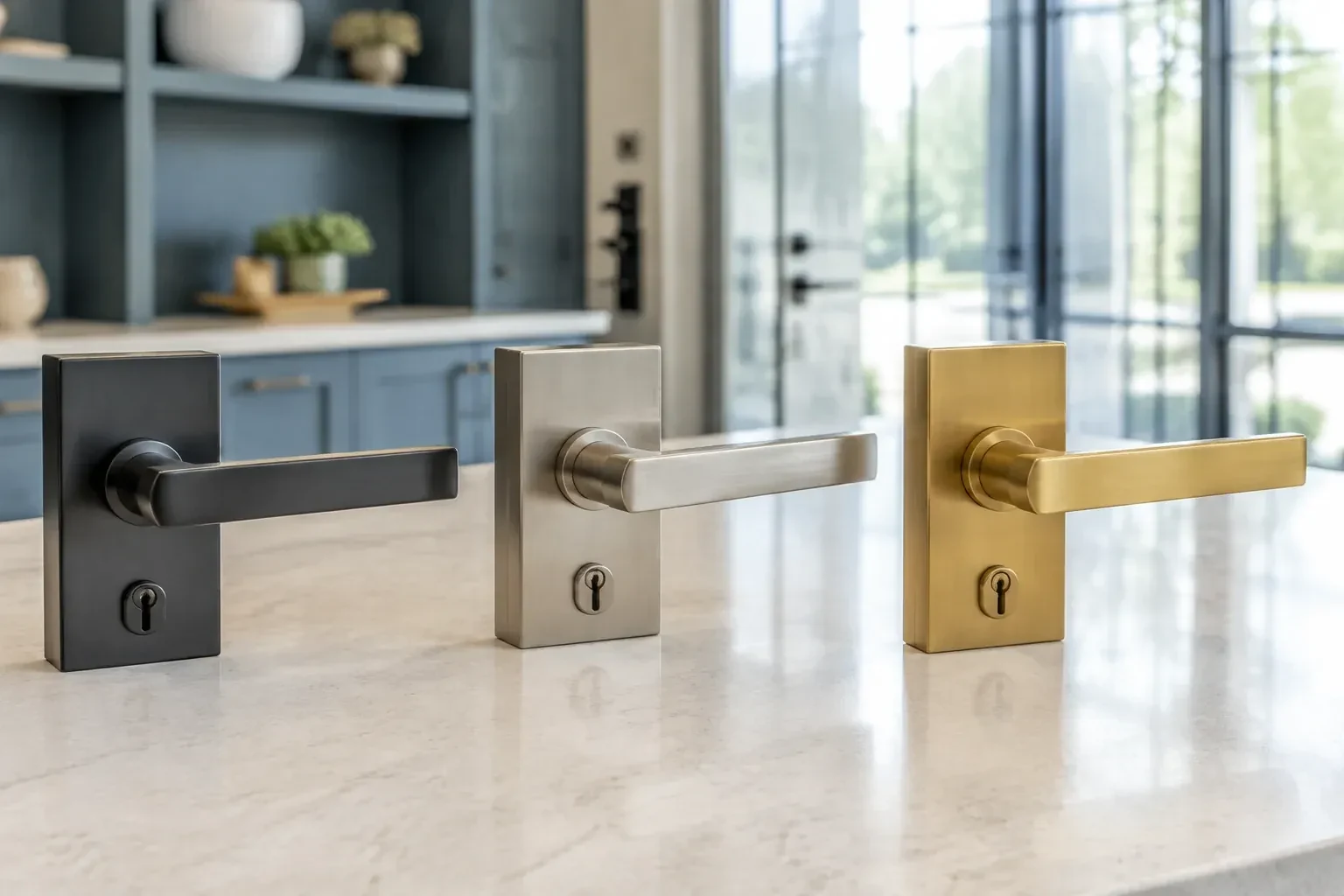 Three rectangular door-handle sets with keyholes in black, silver-colored and gold-colored finishes standing on a countertop. — Commercial Rekeying, Markham