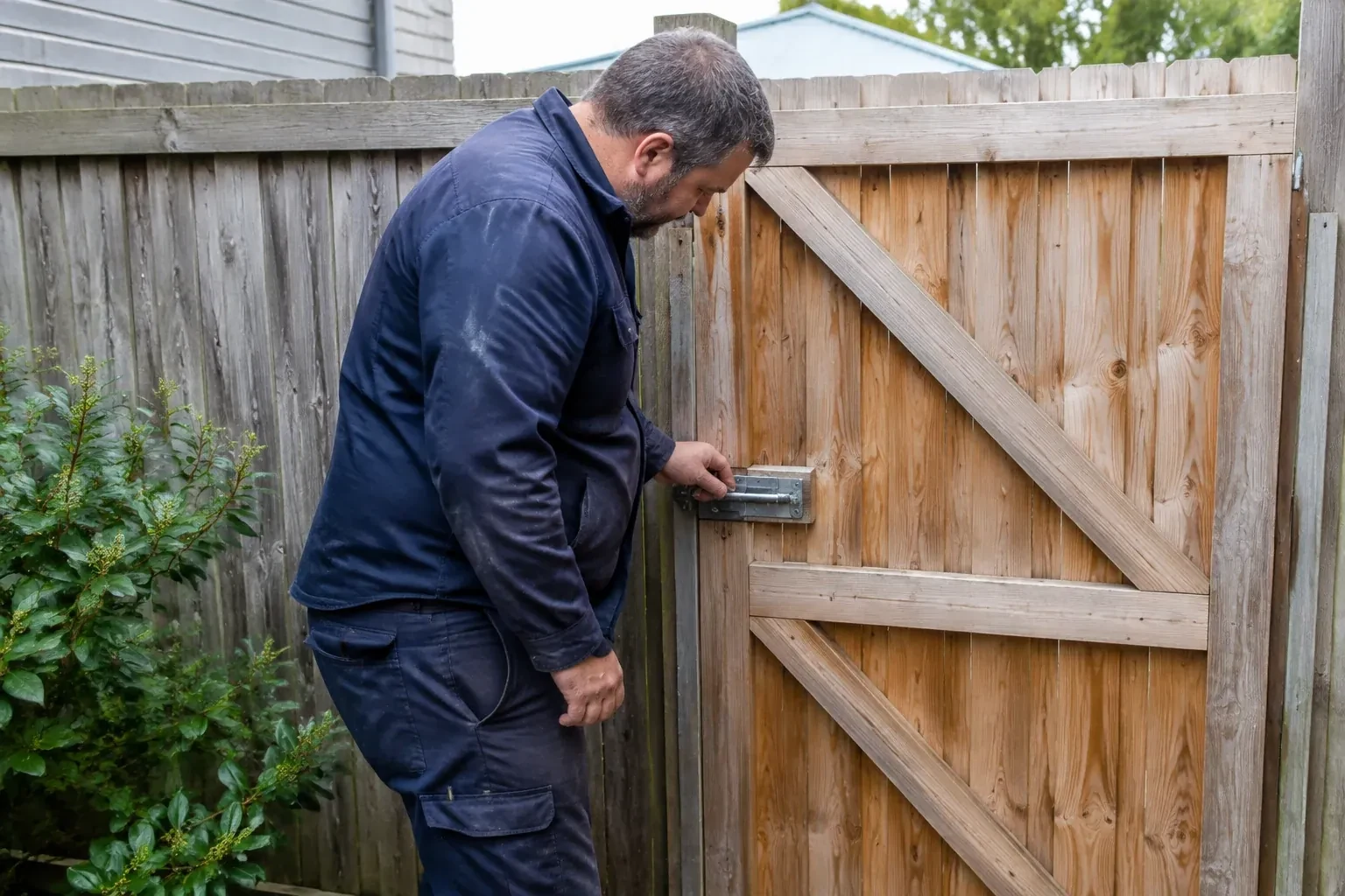Person touching the sliding metal bolt on a wooden garden gate. — Gate & Building Entry Locks, Markham