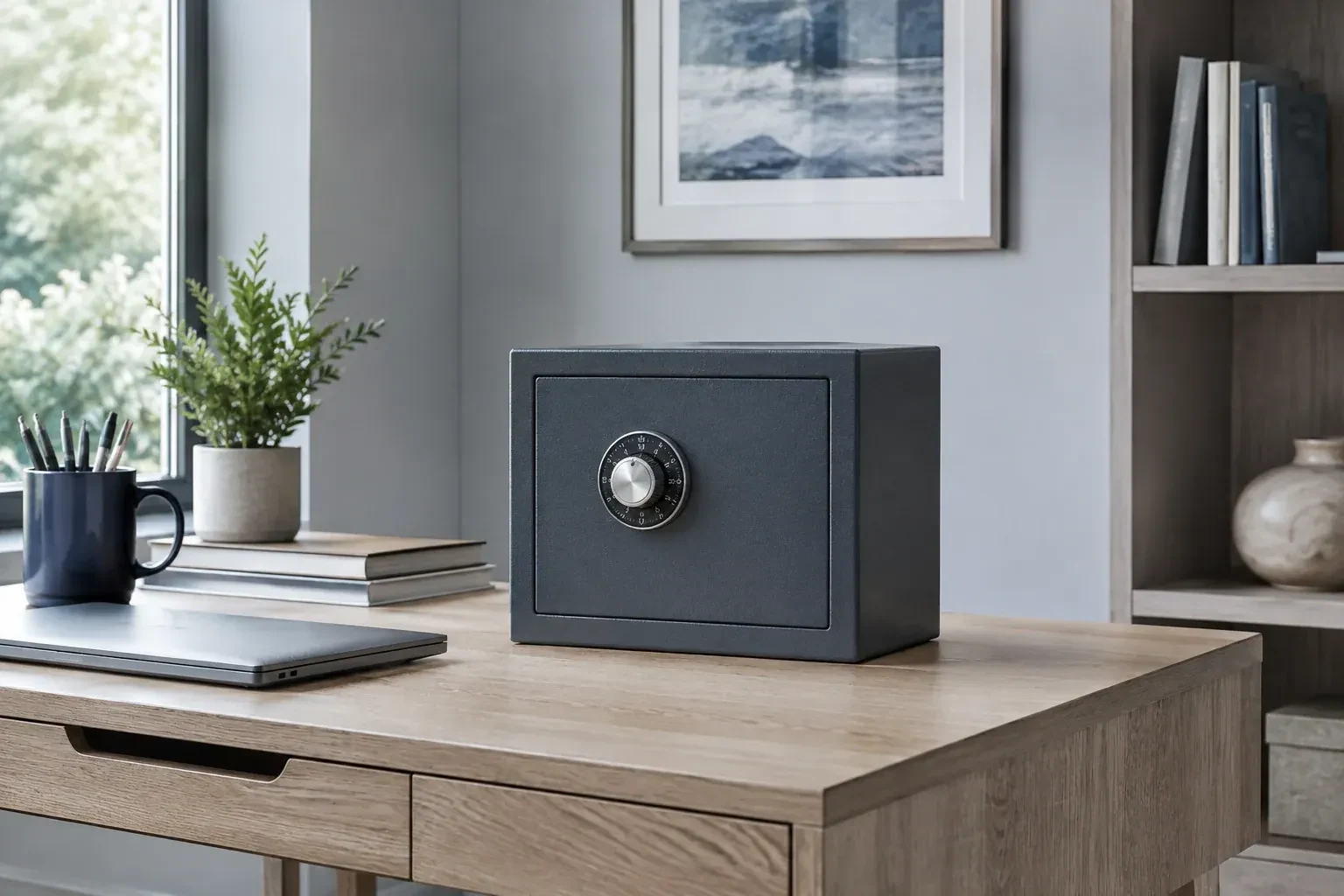Small dark safe with a combination dial on a wooden desk beside a closed laptop and books. — Safe Opening & Combination Change, Markham