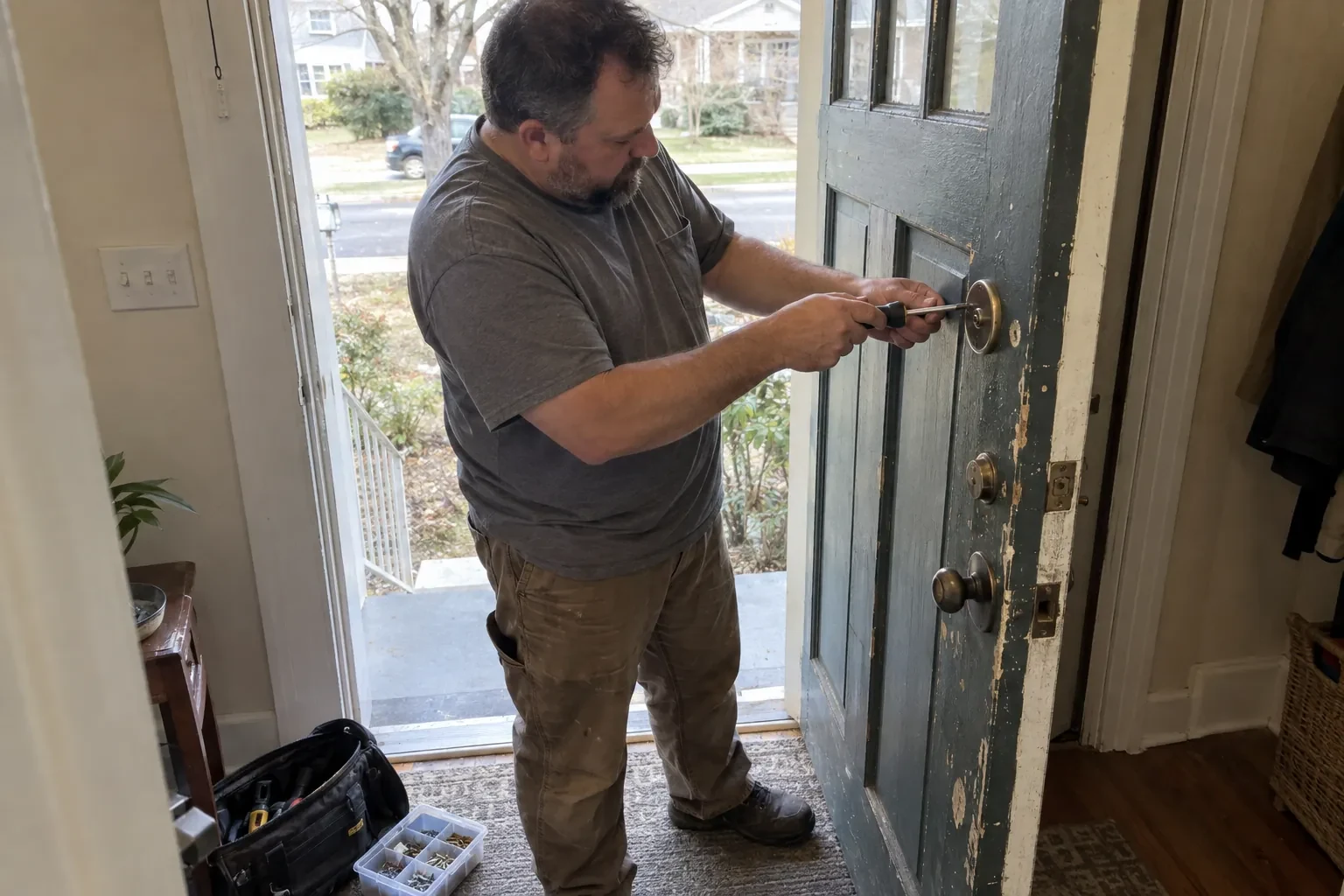 Technician using a screwdriver on the deadbolt of an open blue-gray front door, with a tool bag and screw tray nearby. — Deadbolt Installation, Markham