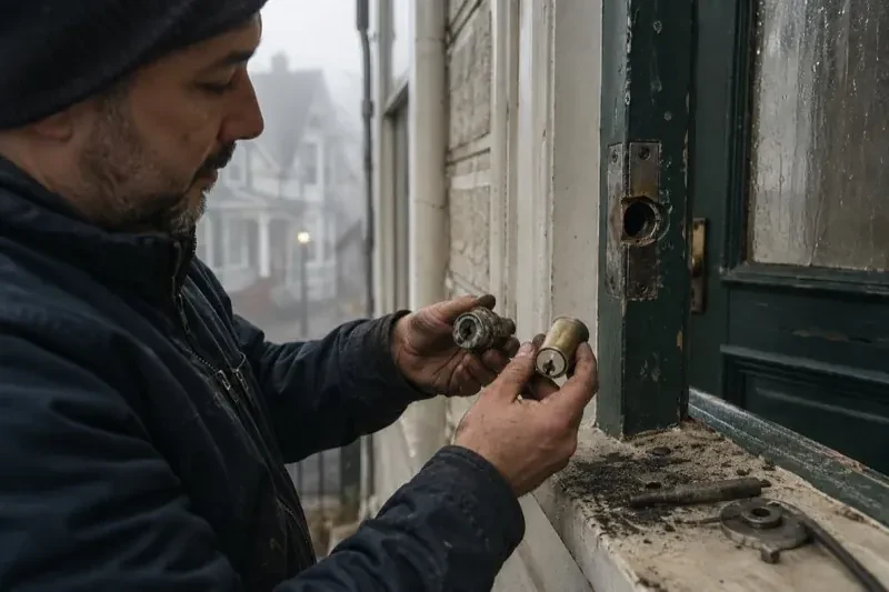 Person holding two lock cylinders beside an open painted door, with loose hardware and debris on the sill. — Seized & Jammed Lock Opening, Markham