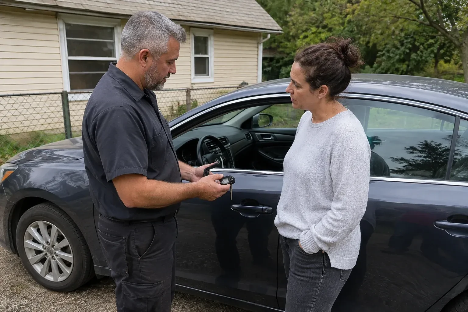 Two people standing beside a car with its window lowered, one holding a key and black key fob. — Ignition Lock Repair, Markham